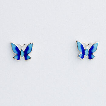 Sterling Silver Screw Back Blue Butterfly Studs, 2 of 5