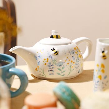 Cornflower Blue Floral Bee Ceramic Teapot And Mug Set, 5 of 9