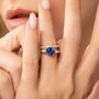 Blue Sapphire Round Cut Three Stone Engagement Ring In Sterling Silver And Gold, thumbnail 2 of 12