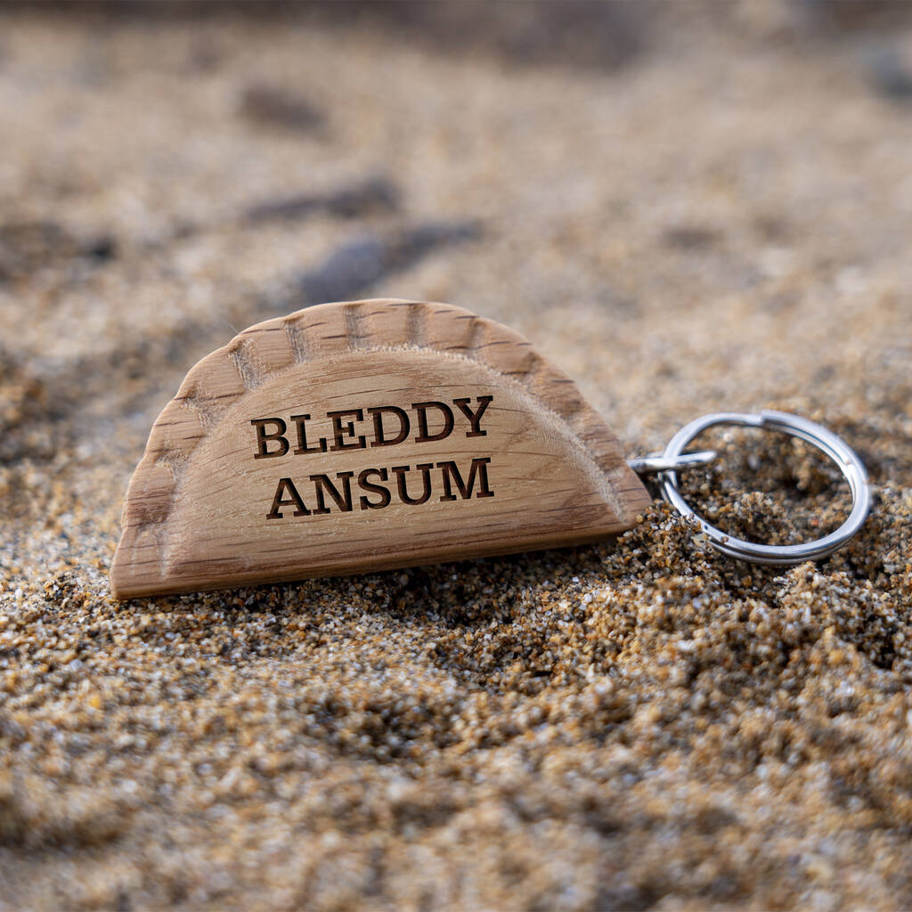 Cornish Gifts 'Bleddy Ansum' Oak Cornish Pasty Keyring, 1 of 2