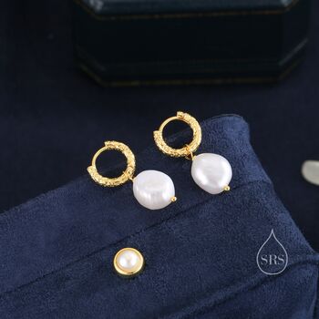 Sterling Silver Baroque Pearl Hammered Hoop Earrings, 4 of 10