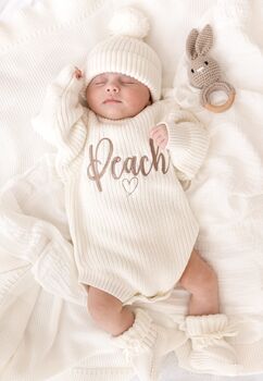 3pcs Embroidered Personalised Romper, Hat And Bootie Set, Perfect Baby Gift, 3 of 8