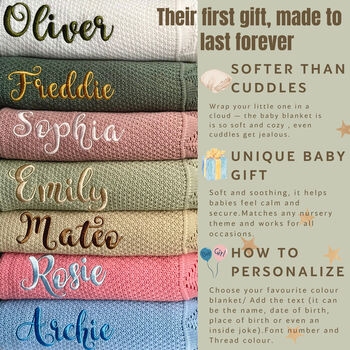 Personalised Baby Blanket Embroidered With Name Soft Customised, 10 of 12