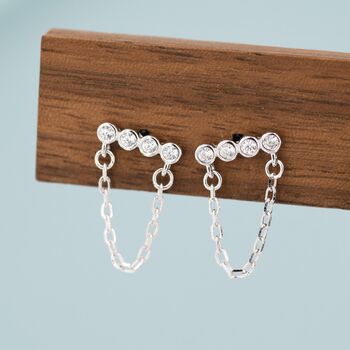 Cz Horizontal Bar Chained Stud Earrings Sterling Silver, 2 of 11