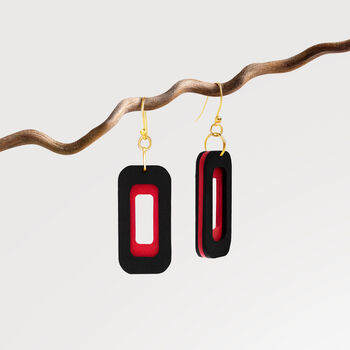 Black And Red Rectangle Earrings • Gold Plated Sterling Silver Hooks, 4 of 8