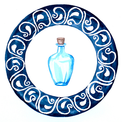 Glass bottle surrounded by blue patterns 