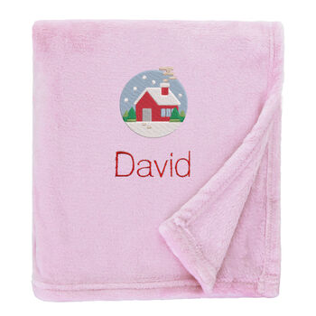 Personalised Cosy Christmas Blanket With Embroidered Festive Cottage Design, 2 of 12