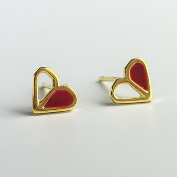 Sterling Silver Gold And Red Heart Stud Earrings, 2 of 6