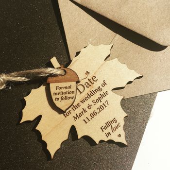 Autumn Leaf Hanging Wood Save The Date, 3 of 3