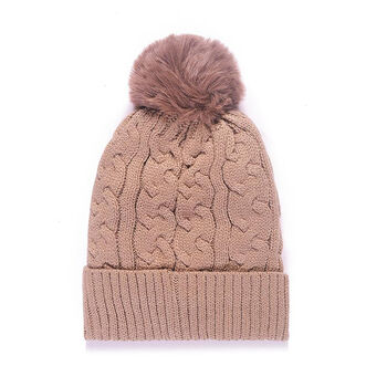 Mocha Pom Pom Faux Fur Cable Knit Beanie Hat, 2 of 2