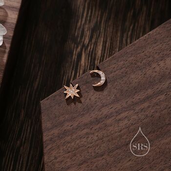 Sterling Silver Asymmetric Moon And Starburst Stud Earrings, 6 of 12