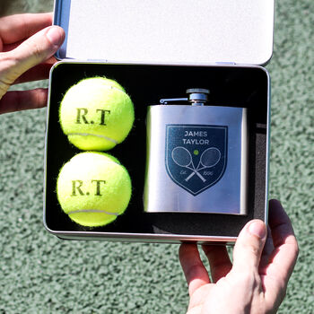 Personalised Tennis Shield Tin With Hip Flask Gift For Him, 4 of 8