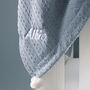 Personalised Dusty Blue Cable Knit Pom Pom Blanket, thumbnail 6 of 9