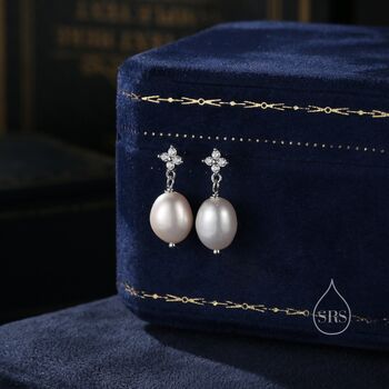 Pearl And Hydrangea Cz Flower Drop Stud Earrings, 3 of 10