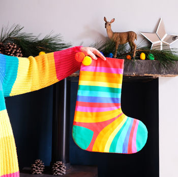 Personalised Christmas Stocking Pom Pom Rainbow Stripe, 4 of 5