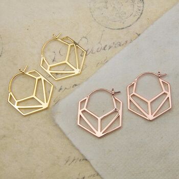 Rose Gold Plated Silver Geometric Hexagonal Hoop Earrings, 3 of 7