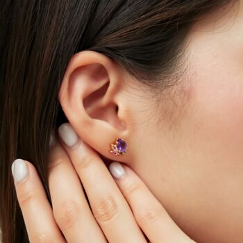 Amethyst And Pink Tourmaline Stud Earrings In Silver And Gold, 10 of 12