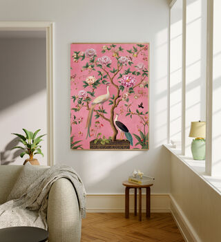 Set Of Two Chinoiserie Pink Floral Bird Art Prints, 3 of 4