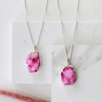 Long Length 925 Silver Raw Fuchsia Pink Agate Necklace, 6 of 7