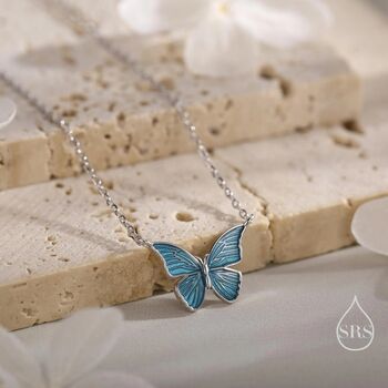 Sterling Silver Blue Enamel Butterfly Pendant Necklace, 2 of 11