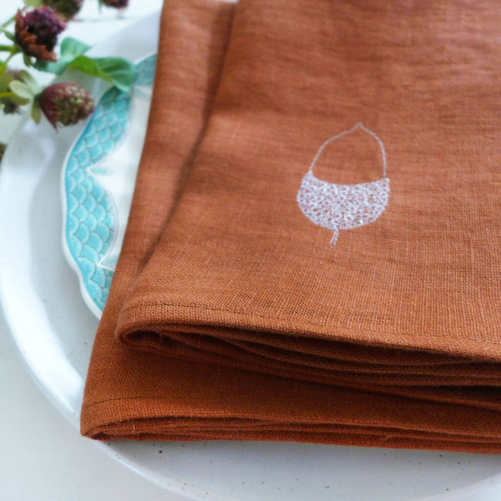 Embroidered Acorn Linen Napkins By Charlotte Macey