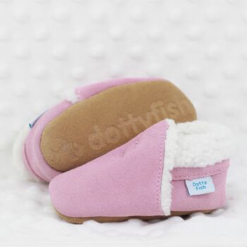Dotty Fish Pale Pink Soft Suede Baby And Toddler Slippers With Fleece Lining, 5 of 9