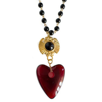 18k Gold Plated Baroque Heart Black Beaded Necklace, 2 of 2