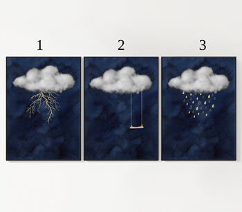Set Of Three Clouds With Gold Elements Wall Prints, 3 of 9