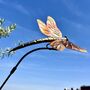 Copper Dragonfly Garden Stake – Outdoor Metal Sculpture – Copper And Brass Insect On Curved Pole, thumbnail 3 of 7
