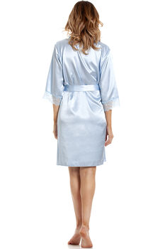 British Made Pale Blue Short Satin Dressing Gown With Lace Detail Ladies Size 8 To 28 UK, 4 of 5