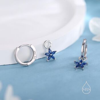 Sapphire Blue Flower Cz Huggie Hoop In Sterling Silver, 3 of 12