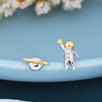Mismatched Tiny Astronaut And Planet Stud Earrings In Sterling Silver, 2 of 8