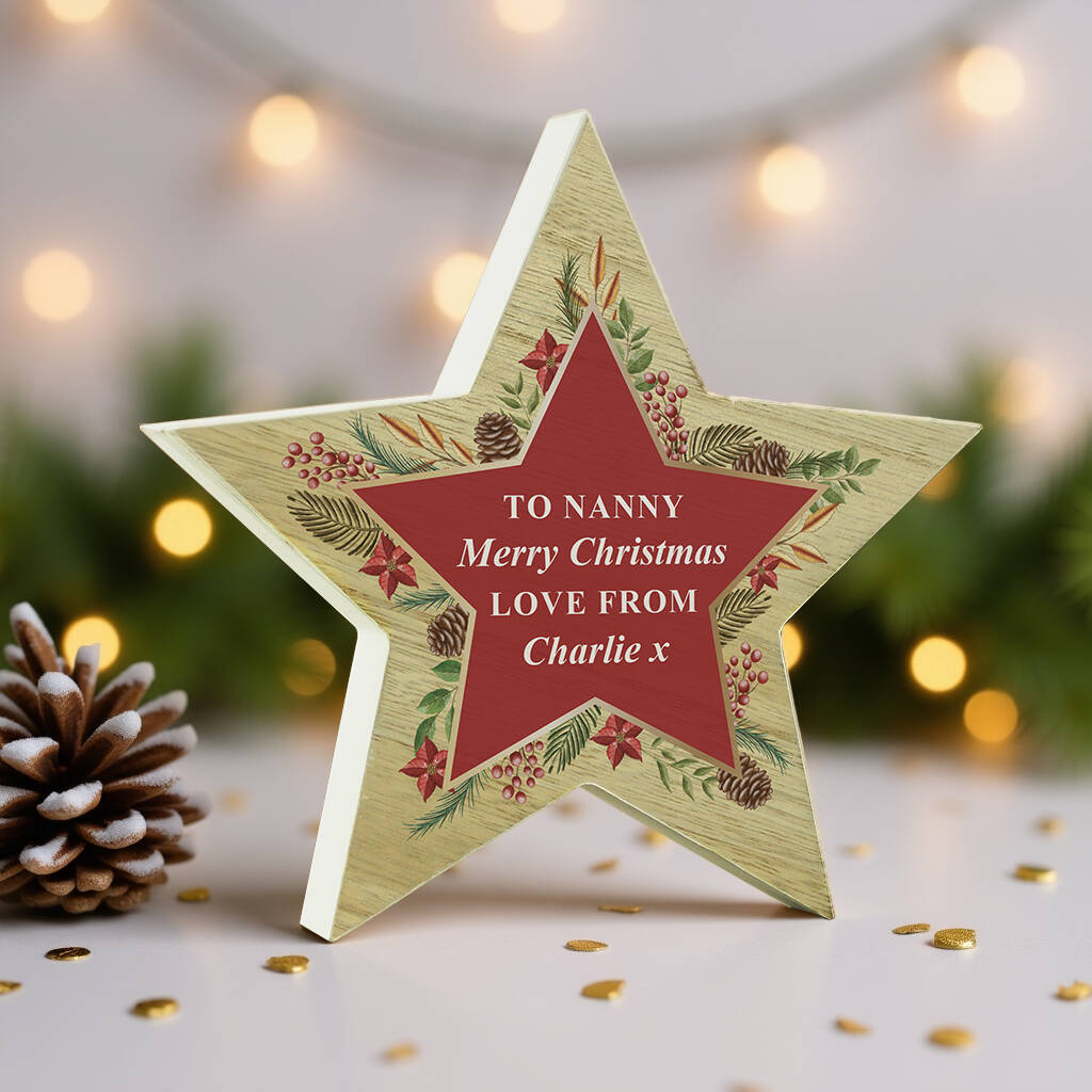 Personalised Christmas Wreath Wooden Star Ornament, 1 of 5