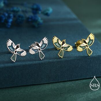 Magpie Bird Stud Earrings In Sterling Silver With Enamel Glaze, 5 of 12