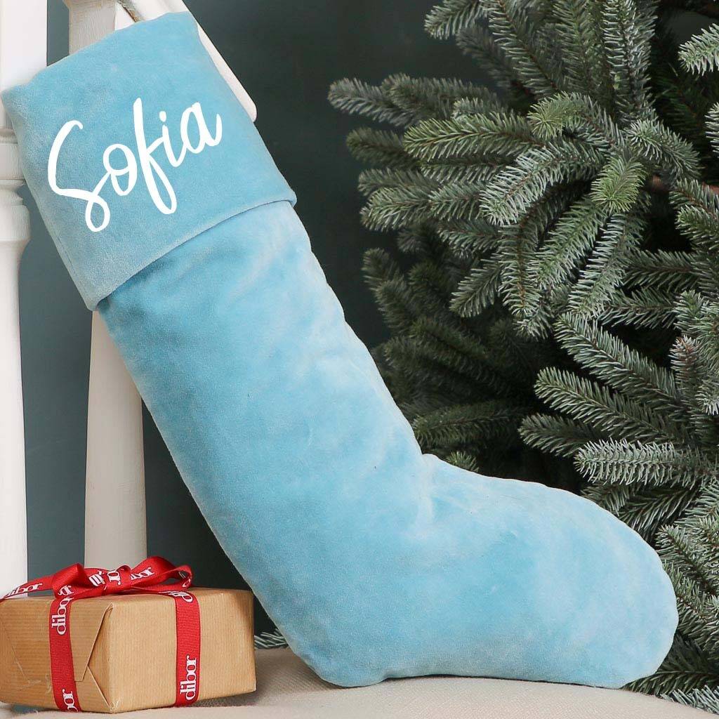 Personalised Frosted Blue Cotton Velvet Stocking By Dibor