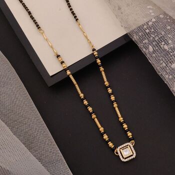 Square Solitaire Charm Black Beaded 18ct Gold Plated Mangalsutra Necklace, 2 of 4
