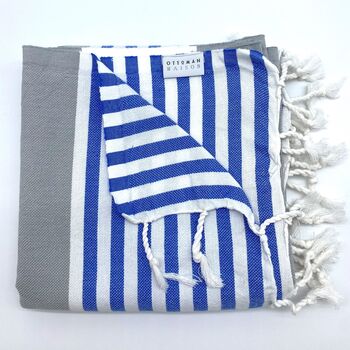 Padstow Peshtemal Towel Silver Grey / Royal Blue, 2 of 11