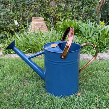 Pair Of Heritage Blue And Copper Watering Cans, 11 of 12