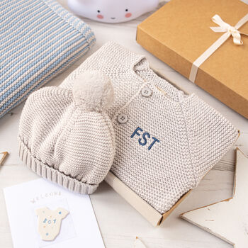 Luxury Fudge Bobble Hat And Cardigan Baby Gift Box, 5 of 11