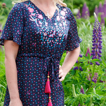 Embroidered Liana Dress In Navy Dotty Print, 2 of 4