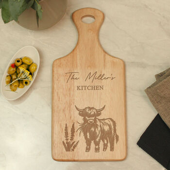 Personalised Highland Cow Paddle Chopping Board, 2 of 3