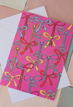 Merry Christmas Colourful Bows Card – Pink, Yellow, Red And Blue – Square – Blank Inside, 2 of 4
