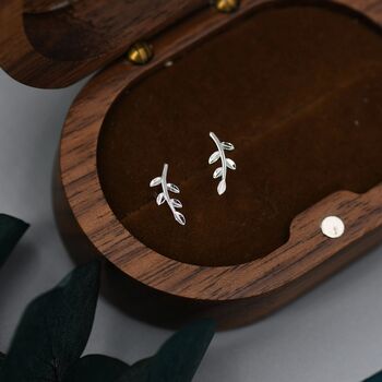 Sterling Silver Olive Branch Leaf Stud Earrings, 2 of 11