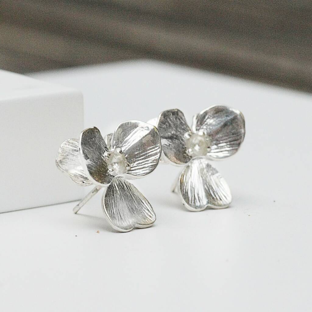 Sterling Silver Pansy Stud Earrings By Amulette