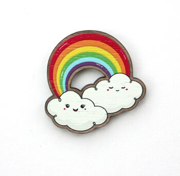 Rainbow Wooden Pin Badge With Cute Kawaii Clouds, 2 of 3