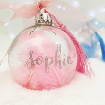 Personalised 'Born In' Pink Feather Filled Glass Bauble, 3 of 4