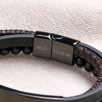 Personalised Clasp Onyx Bead Leather Layered Bracelet, 2 of 4
