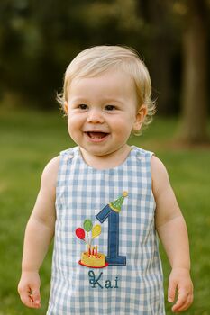 Baby Boy’s First Birthday Romper – Blue Gingham Cotton, 2 of 11
