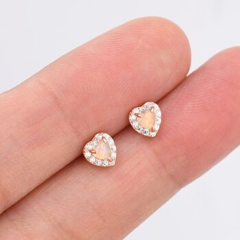 Sterling Silver Tiny Opal Heart With Cz Stud Earrings, 6 of 11