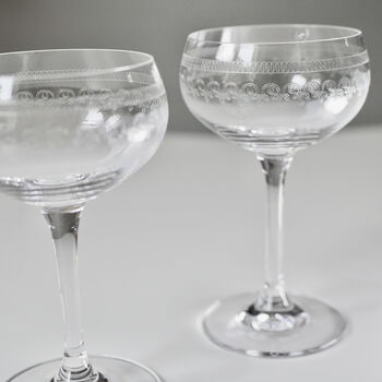 Pair Of Etched Crystal Vintage Style Champagne Glasses, 2 of 11
